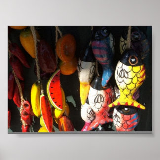 kleurrijke vis en vruchten op de markt poster