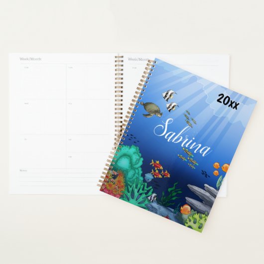 Kleurrijke vis, oceaan & blauwe zeebodem aangepast planner (Display)