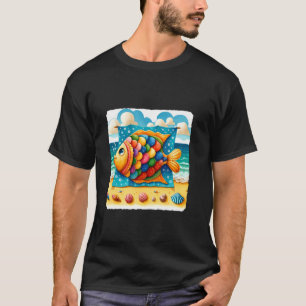 Kleurrijke Vissen Met Schelpen Op Zandstrand. Stra T-shirt