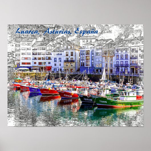 Kleurrijke vissersboten in Luarca, Asturië, Spanje Poster (Voorkant)