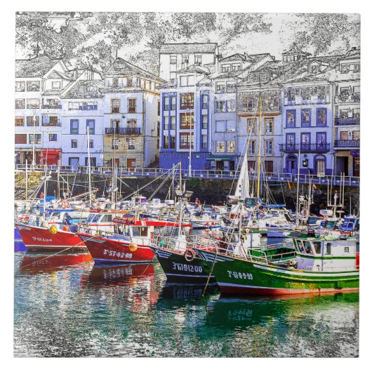 Kleurrijke vissersboten in Luarca, Asturië, Spanje Tegeltje (Voorkant)