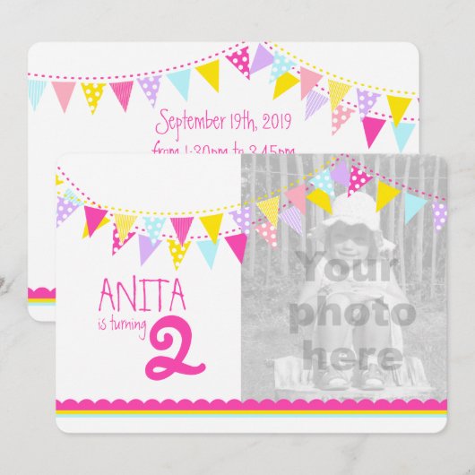 Kleurrijke vlaggen meisjes 2e verjaardagsfeest uit kaart (Voorkant / Achterkant)
