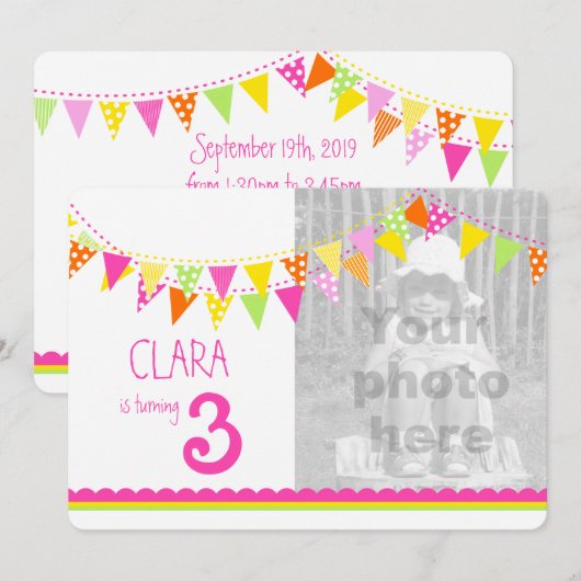 Kleurrijke vlaggen meisjes 3e verjaardag party uit kaart (Voorkant / Achterkant)