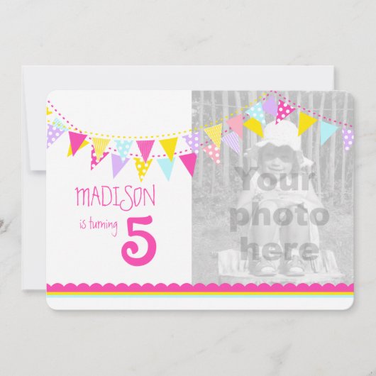 Kleurrijke vlaggen meisjes 5e verjaardag party uit kaart (Voorkant)