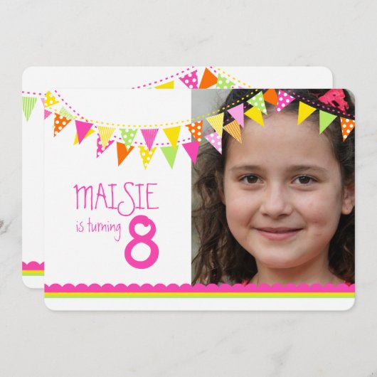 Kleurrijke vlaggen meisjes 8e verjaardag party roz kaart (Voorkant / Achterkant)