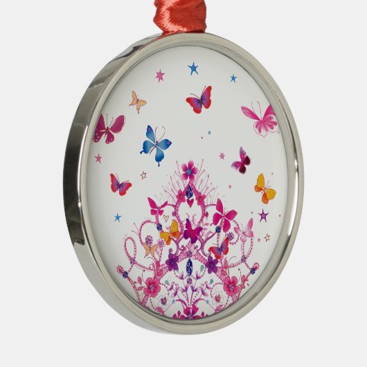 Kleurrijke Vliegende Vlinders met Crown Art Print Metalen Ornament (Rechts)