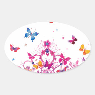 Kleurrijke Vliegende Vlinders met Crown Art Print Ovale Sticker