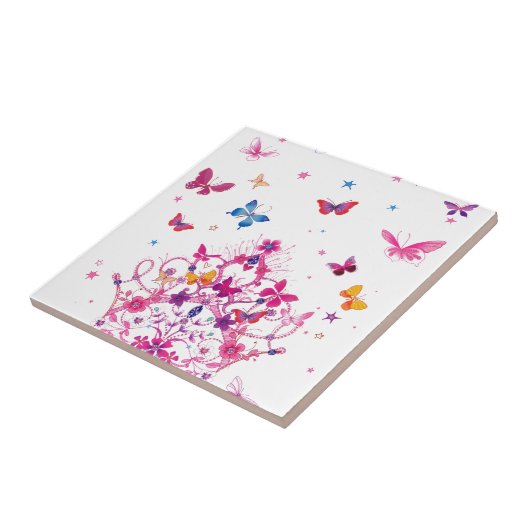 Kleurrijke Vliegende Vlinders met Crown Art Print Tegeltje (Zijkant)