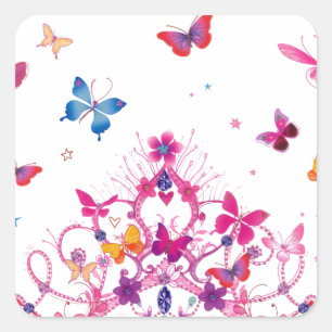 Kleurrijke Vliegende Vlinders met Crown Art Print Vierkante Sticker