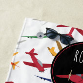 Kleurrijke vliegtuigen patroon aangepaste naam strandlaken (In situ)