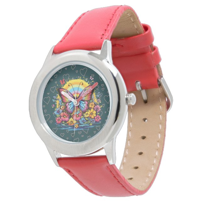 Kleurrijke Vlinder Bloementuin Dames Rode Horloge  (Gekanteld)