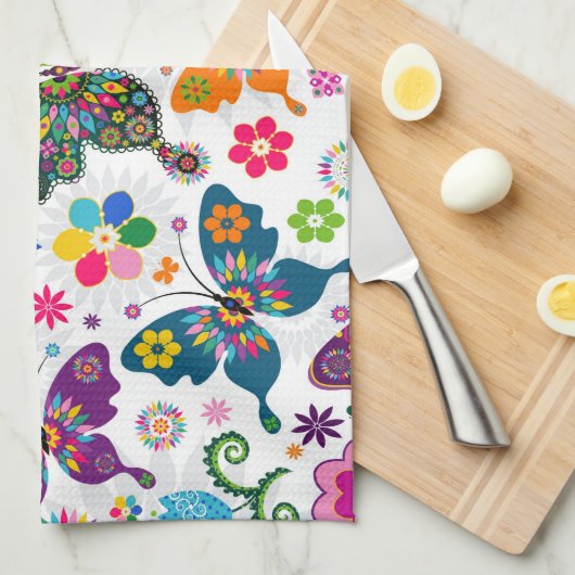 Kleurrijke vlinder en bloemen patroon theedoek (Quarter Fold)