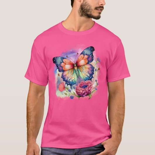 Kleurrijke Vlinder en Bloemen Unisex T-shirt (Voorkant)