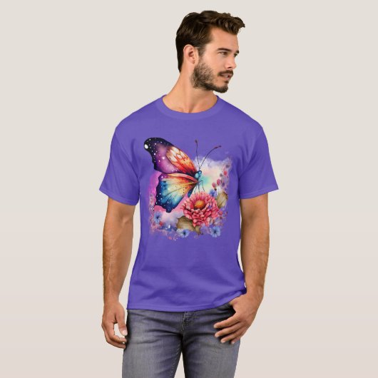 Kleurrijke Vlinder en Bloemen Unisex T-shirt (Voorkant volledig)