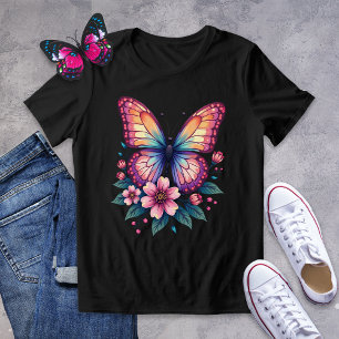 Kleurrijke vlinder en bloemengrafisch T-shirt