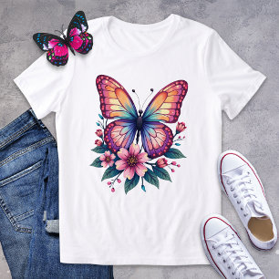 Kleurrijke vlinder en bloemengrafisch T-shirt