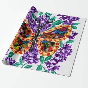 Kleurrijke Vlinder en Paarse Sering Cadeaupapier