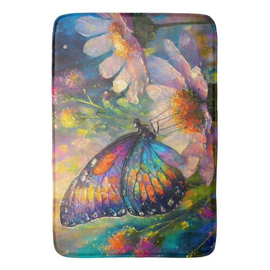 Kleurrijke vlinder en wilde bloemen bij zonsopgang badmat (Voorkant Verticaal)