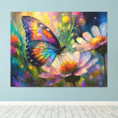 Kleurrijke vlinder en wilde bloemen bij zonsopgang canvas afdruk (Insitu (Houten vloer))