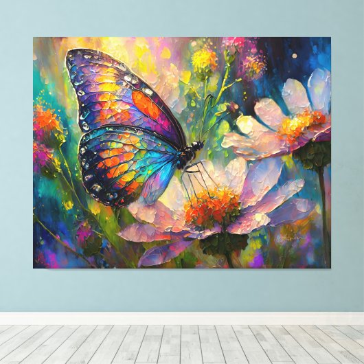 Kleurrijke vlinder en wilde bloemen bij zonsopgang canvas afdruk (Insitu (Houten vloer))