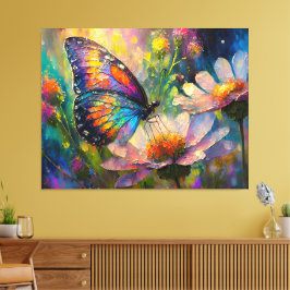 Kleurrijke vlinder en wilde bloemen bij zonsopgang canvas afdruk