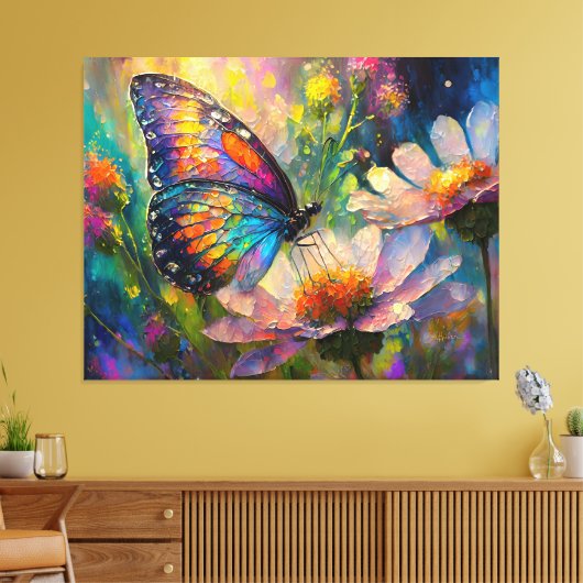 Kleurrijke vlinder en wilde bloemen bij zonsopgang canvas afdruk (Insitu (Woonkamer))