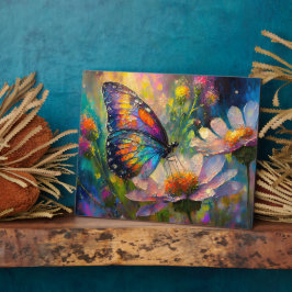 Kleurrijke vlinder en wilde bloemen bij zonsopgang fotoplaat