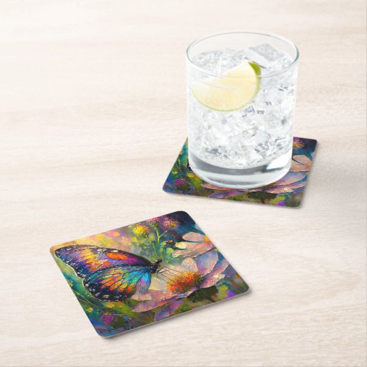 Kleurrijke vlinder en wilde bloemen bij zonsopgang kartonnen onderzetters (Insitu)