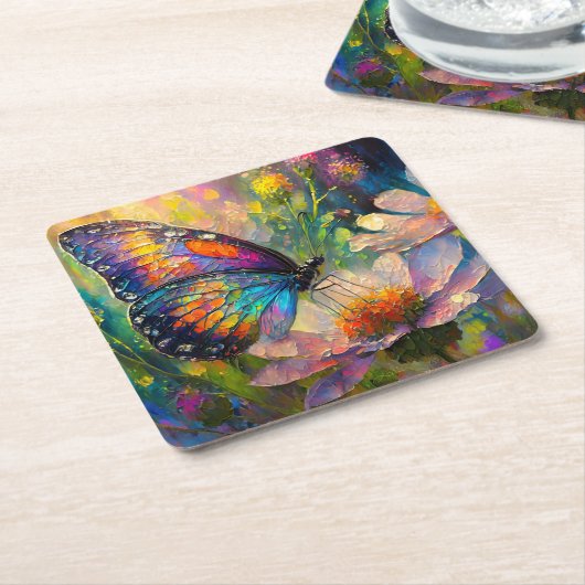 Kleurrijke vlinder en wilde bloemen bij zonsopgang kartonnen onderzetters (Schuin)