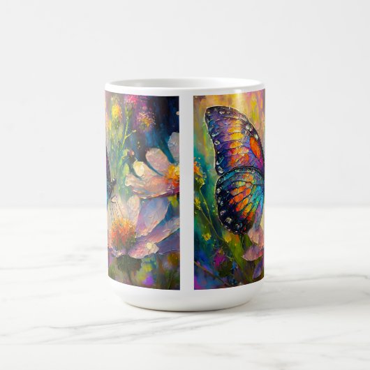 Kleurrijke vlinder en wilde bloemen bij zonsopgang koffiemok (Center)