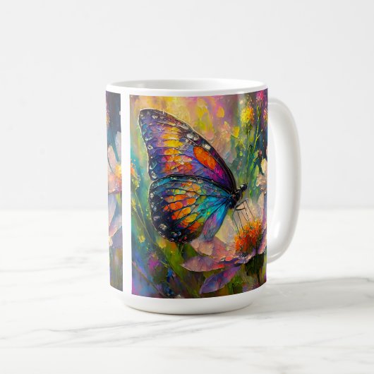 Kleurrijke vlinder en wilde bloemen bij zonsopgang koffiemok (Voorkant rechts)