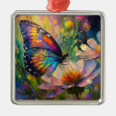 Kleurrijke vlinder en wilde bloemen bij zonsopgang metalen ornament (Voorkant)
