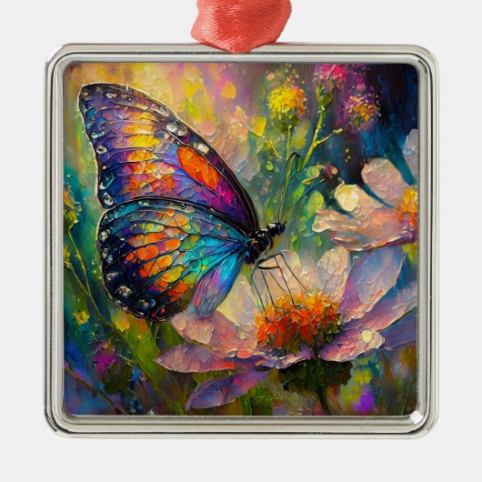 Kleurrijke vlinder en wilde bloemen bij zonsopgang metalen ornament (Voorkant)