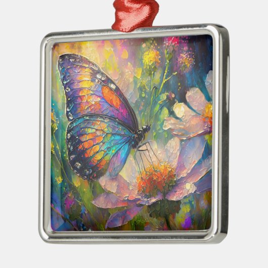 Kleurrijke vlinder en wilde bloemen bij zonsopgang metalen ornament (Links)