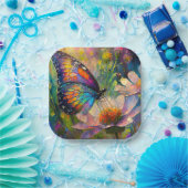 Kleurrijke vlinder en wilde bloemen bij zonsopgang papieren bordje (Feest)