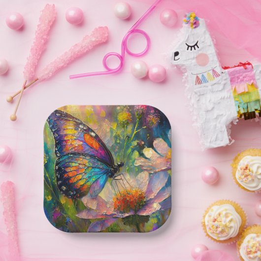 Kleurrijke vlinder en wilde bloemen bij zonsopgang papieren bordje (Feest)