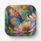 Kleurrijke vlinder en wilde bloemen bij zonsopgang papieren bordje (Voorkant)