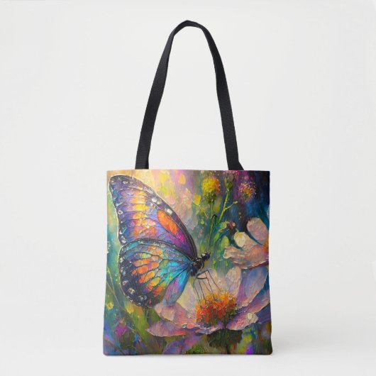 Kleurrijke vlinder en wilde bloemen bij zonsopgang tote bag (Voorkant)