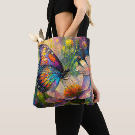 Kleurrijke vlinder en wilde bloemen bij zonsopgang tote bag