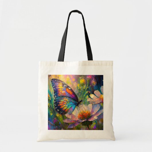 Kleurrijke vlinder en wilde bloemen bij zonsopgang tote bag (Voorkant)