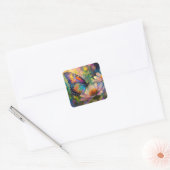 Kleurrijke vlinder en wilde bloemen bij zonsopgang vierkante sticker (Envelop)