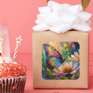 Kleurrijke vlinder en wilde bloemen bij zonsopgang vierkante sticker