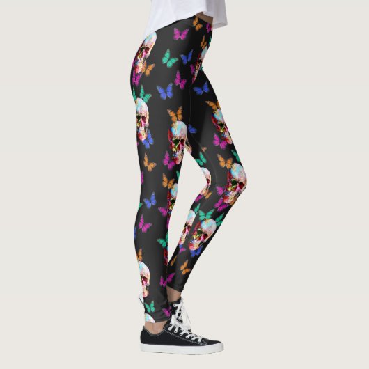Kleurrijke vlinder gotische suiker schedel leggings (Rechts)