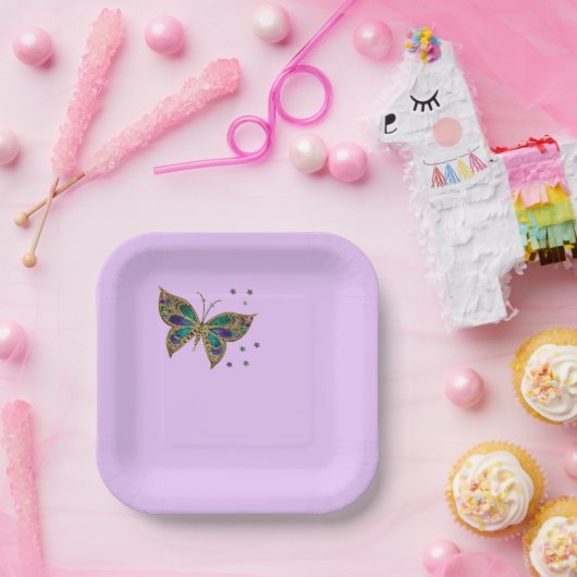 Kleurrijke vlinder op Lila achtergrond Papieren Bordje (Feest)