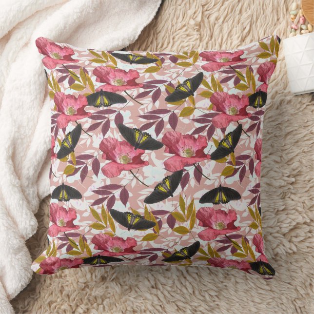 Kleurrijke vlinder & Poppy Natuur Patroon Kussen (Deken)