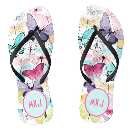 Kleurrijke Vlinder Roze, Blauw, Paarse Monogram Teenslippers (Voetbed)