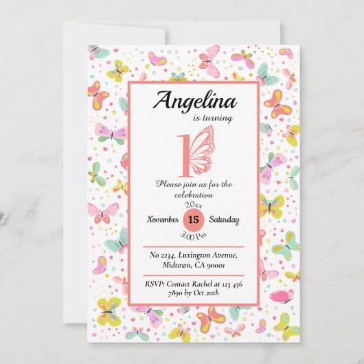 Kleurrijke vlinder thema schattige pastel 1e verja kaart (Voorkant)