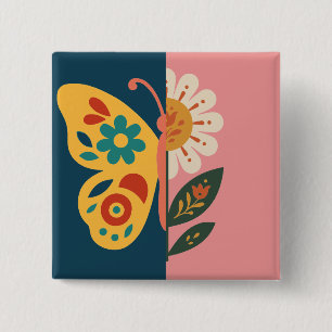 Kleurrijke vlinderdecoratie met bloemmotieven vierkante button 5,1 cm