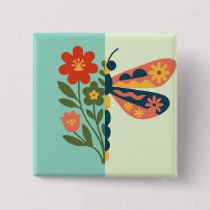 Kleurrijke vlinderdecoratie met bloemmotieven vierkante button 5,1 cm