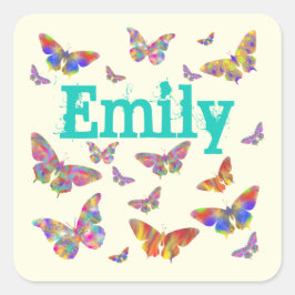 Kleurrijke Vlinderkunst Emily Voeg Naam Toe Meisje Vierkante Sticker
